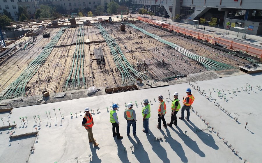 Industrial project team reviewing site work